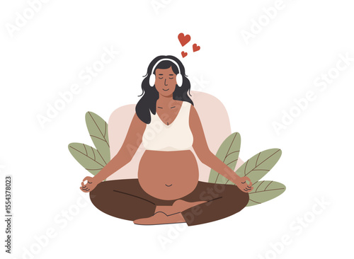 Pregnant woman meditating in lotus position while listening to music with headphones. Practicing hypnobirthing for calm and mindful childbirth. Flat Vector Illustration isolated on white background.