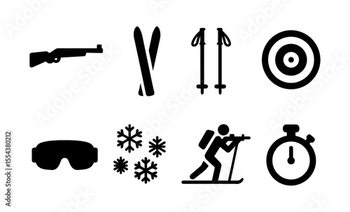 Winter biathlon icons: skiing, shooting, snowflakes, and timing elements in bold silhouette