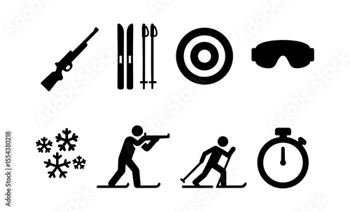 Biathlon icons: skiing, rifle, snowflakes, target, stopwatch, goggles