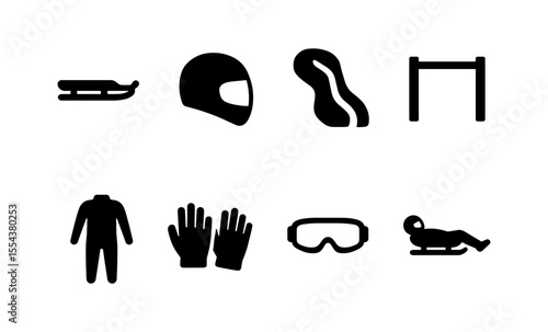 Winter sports icons: sled, helmet, track, suit, gloves, goggles, luge silhouette collection
