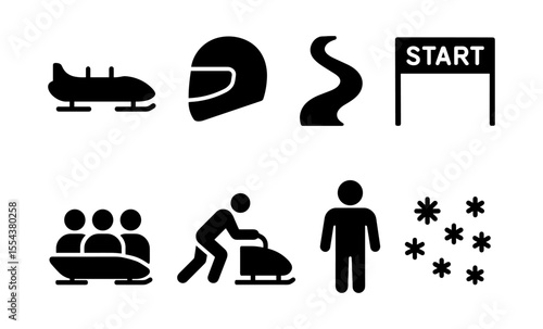 Winter bobsleigh icons collection: sled, racer, track, and start