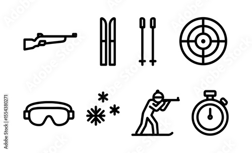 Biathlon icons: rifle, skiing equipment, target, goggles, stopwatch for winter sports