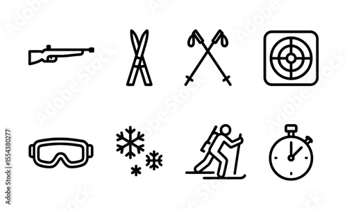 Winter sports icons: biathlon equipment, snowflakes, cross-country skiing, stopwatch