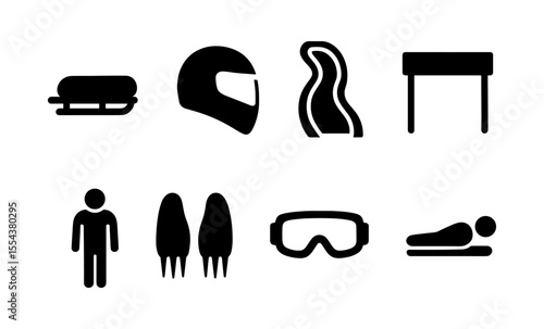 Winter sports equipment icons: helmet, goggles, sled, skeleton, luge, bobsleigh, skier, athlete