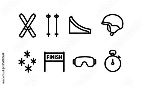 Minimalist winter sports icons set featuring skiing equipment and symbols