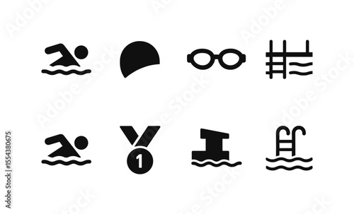 Set of swimming icons: swimmer, cap, goggles, ladder, medal, pool lane in black and white