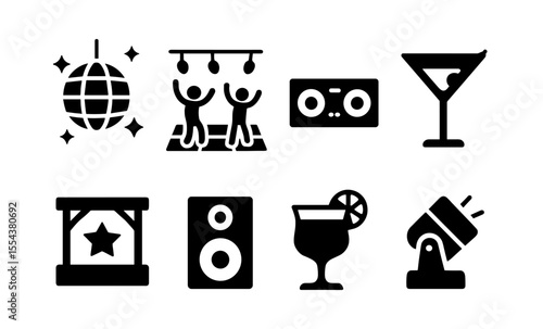 Party icons set featuring dance, music, and drinks in black and white