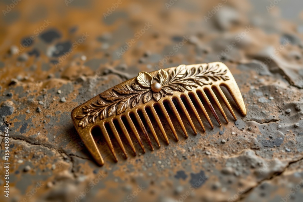 Ornate Gold Hair Comb with Pearl Accent on Textured Background Ornate Gold Hair Comb with Pearl Accent on Textured Background
