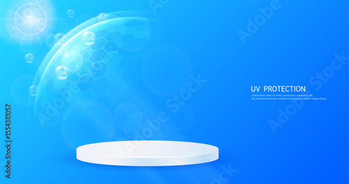 UV protection SPF 50. Cosmetic podium display empty in transparent hexagonal dome with light UVA UVB. Protects against sunlight ultraviolet attacks. For cosmetic products ads. Vector.