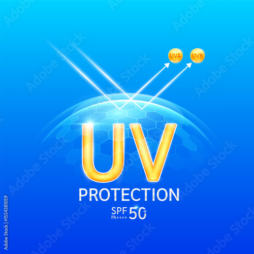 UV protection SPF 50 PA in transparent hexagonal dome with arrow reflects light UVA UVB. Protects against sunlight ultraviolet attacks. For design cosmetic products ads. Vector.