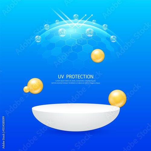 UV protection SPF 50. Cosmetic podium display empty in transparent hexagonal dome with arrow reflects light UVA UVB. Protects against sunlight ultraviolet attacks. For cosmetic products ads. Vector.