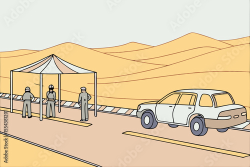 Saudi police checkpoint with officers inspecting vehicles on a desert highway