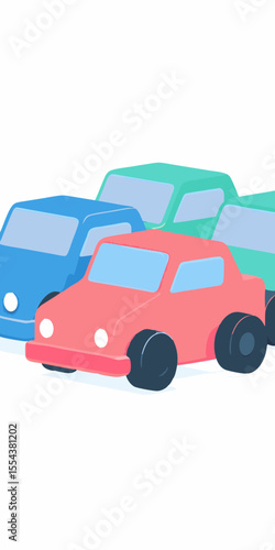 Plastic multi-colored toy cars are lined up on a white background.