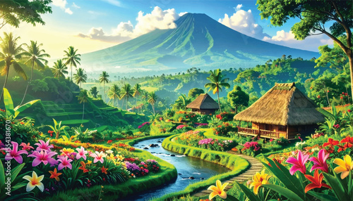 Serene river running through a tropical landscape. Scenic tropical village. Quiet village with river, flowers, and volcano backdrop. Mountain village surrounded by beautiful gardens and river