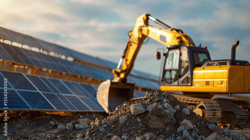 Obraz premium Solar panels providing energy for electric-powered machinery at a construction site