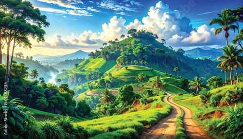 Scenic mountain path with tropical plants and vibrant flowers. Morning sunlight over green hills and forested mountains. Peaceful hilltop view with green valleys and clouds