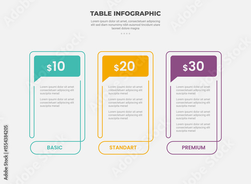 pricing table box infographic outline style with 3 point template with callout bubble header badge for slide presentation