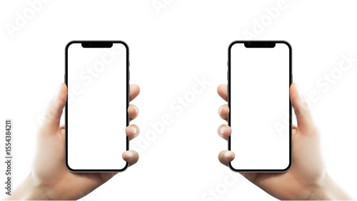 Two Hands Holding Vertical Smartphones with Blank Screens, Ideal for App Comparison, Isolated on Transparent.

