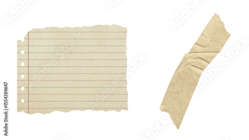 Transparent Background: A vintage lined paper snippet with holes and a torn edge, paired with a crinkled piece of brown adhesive tape.
