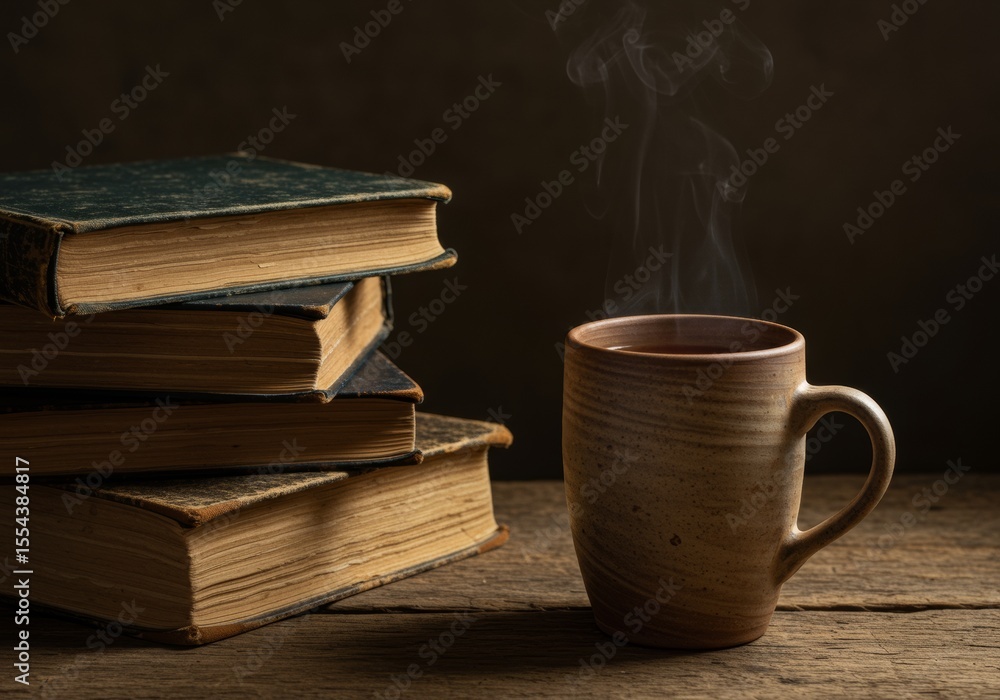 Naklejka premium Cozy Reading Nook Steaming Tea and Antique Books