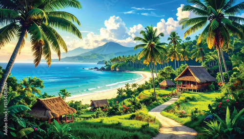 Peaceful tropical coast with beach huts and sun. Beautiful island path with palms and ocean view. Tranquil paradise beach with huts and clear sky. Coastal tropical scene with huts and palm trees