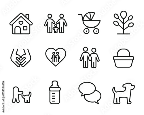Modern Minimal Line Icon Set of Family and Love Elements for Apps and Media