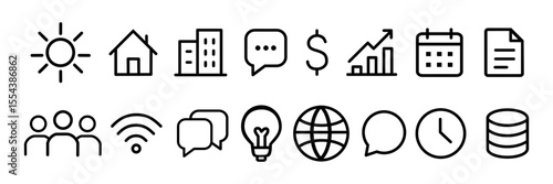 Vector icon set featuring 18 modern, minimalistic symbols representing diverse business and digital concepts