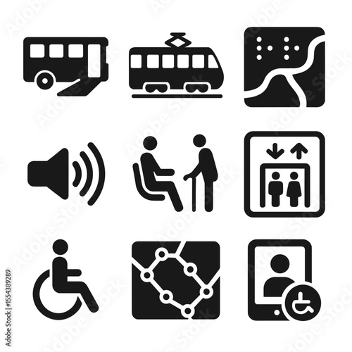 Accessible Transit Icons. Solid, filled icons set of public transportation accessibility: ramp bus, low-floor