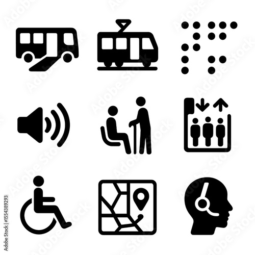 Accessible Transit Icons. Solid, filled icons set of public transportation accessibility: ramp bus, low-floor