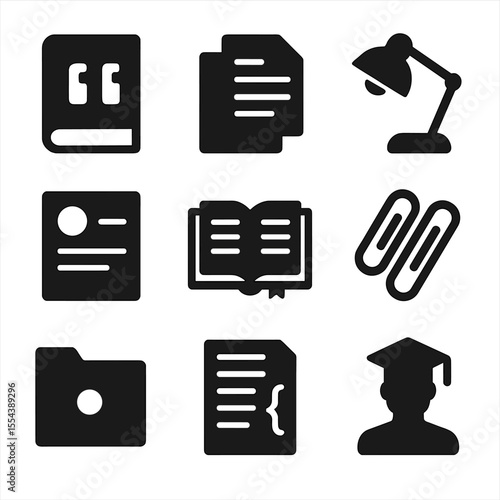 Academic Icons Grid. Solid, filled icons set of academic research area: citation book, document pile, reading