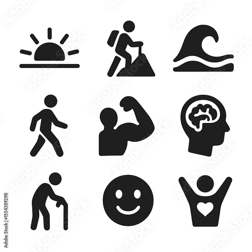 Active Aging Icons. Solid, filled icons set of lifetime fitness and active aging: sunrise icon, mountain hike,