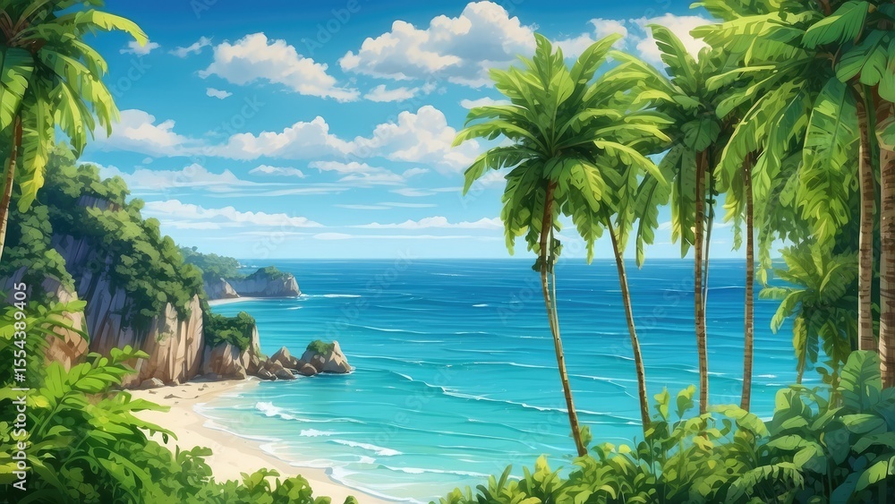 Naklejka premium Aerial view of a tropical beach with soft golden sand meeting a clear turquoise sea.