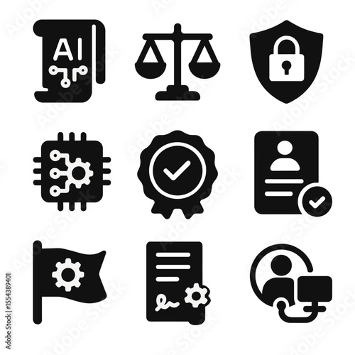 AI Governance Icons. Solid, filled icons set of AI governance and ethics: AI policy scroll, fairness scale,