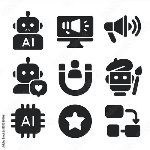 AI Marketing Icons. Solid, filled icons set of AI-enhanced marketing: marketing bot, digital ad, campaign wave