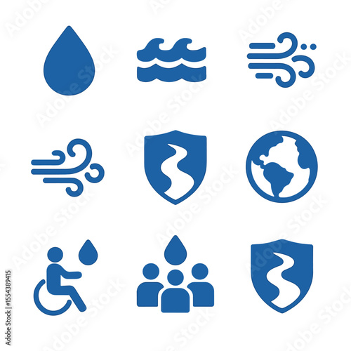 Air and Water Icons. Solid, filled icons set of air and water rights: clean water drop, water wave, air