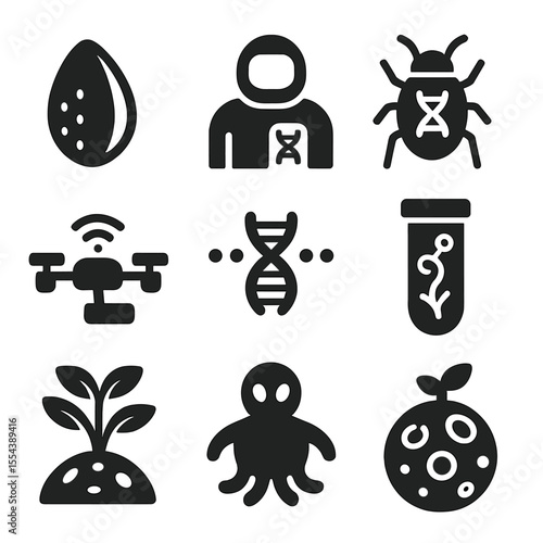 Alien Bioengineering Icons. Solid, filled icons set of extraterrestrial biodiversity engineering: alien seed,