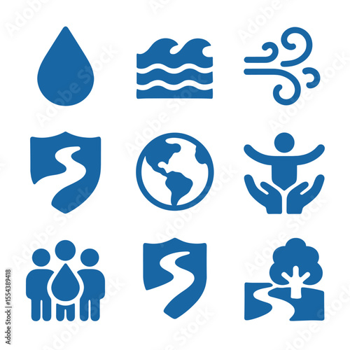 Air and Water Icons. Solid, filled icons set of air and water rights: clean water drop, water wave, air
