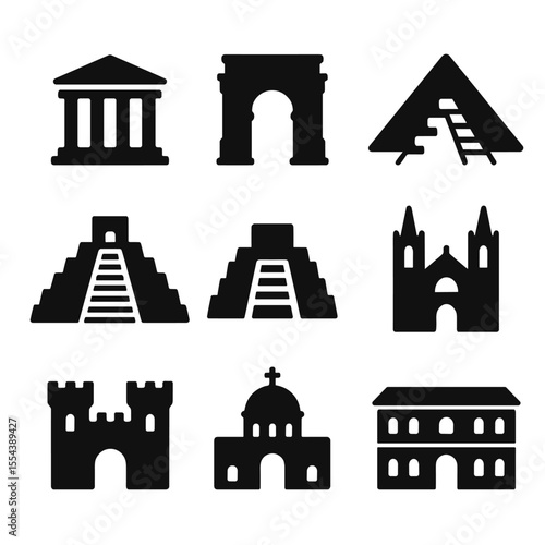 Ancient Architecture Icons. Solid, filled icons set of ancient architecture: Greek temple, Roman arch,