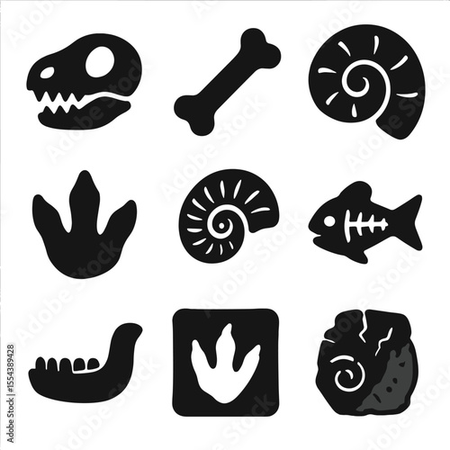 Ancient Bones Icon Set. Solid, filled icons set of ancient bones and relics: fossil skull, dinosaur bone,