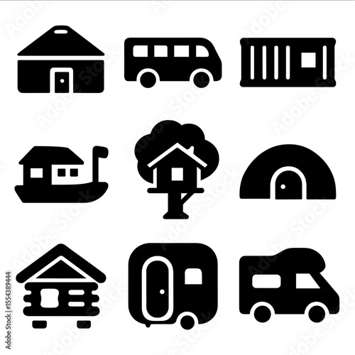 Alternative Housing Icons. Solid, filled icons set of alternative housing: yurt home, converted bus, shipping