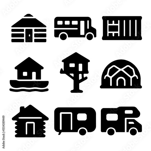 Alternative Housing Icons. Solid, filled icons set of alternative housing: yurt home, converted bus, shipping