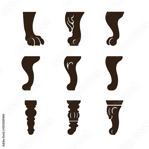 Antique Chair Leg Icons. Solid, filled icons set of antique chair legs: claw foot, ornate carving,