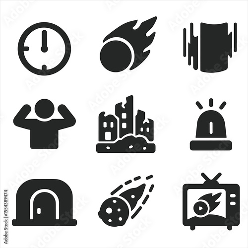 Apocalyptic Impact Icons. Solid, filled icons set of apocalyptic impact scenarios: doomsday clock, giant