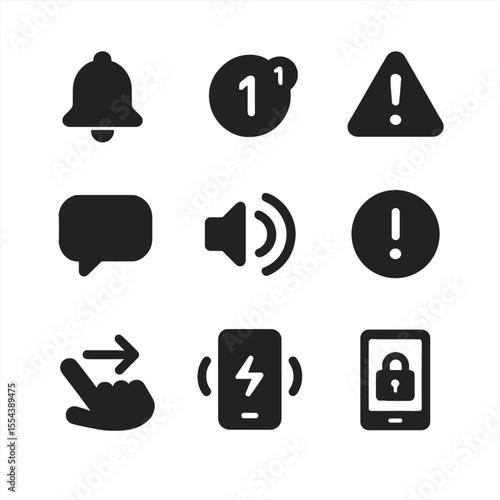 App Notification Icons. Solid, filled icons set of app notifications and alerts: push icon, badge counter,