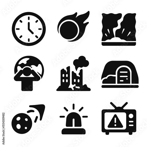 Apocalyptic Impact Icons. Solid, filled icons set of apocalyptic impact scenarios: doomsday clock, giant