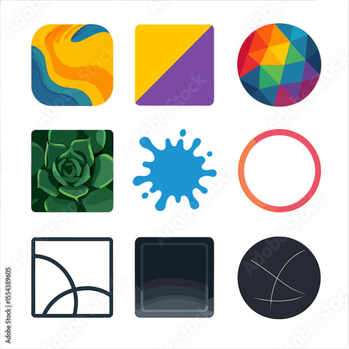 Artistic Fusion Icons. Solid, filled icons set of artistic fusion visuals: oil texture, flat icon, vivid