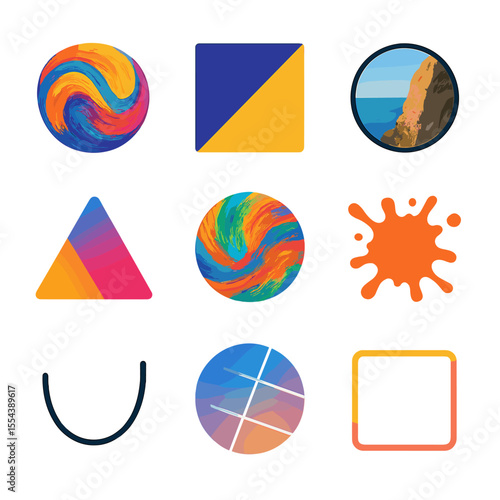 Artistic Fusion Icons. Solid, filled icons set of artistic fusion visuals: oil texture, flat icon, vivid