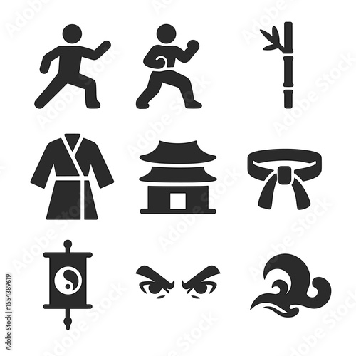 Asian Martial Arts Icons. Solid, filled icons set of Asian martial arts traditions: tai chi pose, kung fu