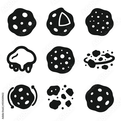 Asteroid Icon Set. Solid, filled icons set of asteroid composition and types: rocky body, iron core,