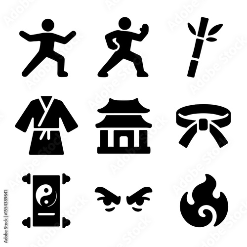 Asian Martial Arts Icons. Solid, filled icons set of Asian martial arts traditions: tai chi pose, kung fu